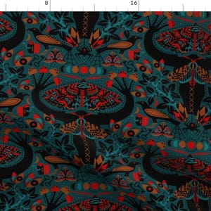 Moth Fabric - Moody Moth-Mares By Nanshizzle - Moth Blue Green Butterfly Lunar Mystical Red Cotton Fabric By The Yard With Spoonflower