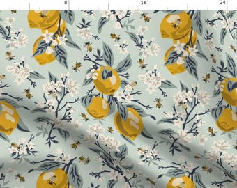 Lemons Fabric - Bees And Lemons Mint By Fernlesliestudio - Bees Citrus Botanical Yellow Floral Cotton Fabric By The Yard With Spoonflower