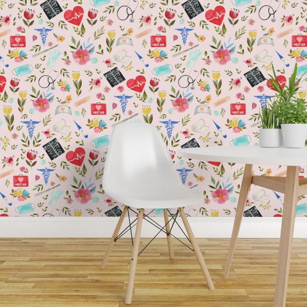 Nurse Wallpaper - Love To Care Medical By Rebelmod - Doctor's Office Pink First Aid Removable Self Adhesive Wallpaper Roll by Spoonflower
