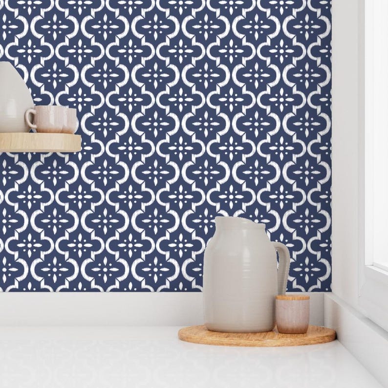 Blue Moroccan Tile Wallpaper - Blue Ikat Moroccan Flower by Sugarfresh ...