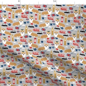 Corgi Fabric - Corgis In London - British Union Jack Fabric Queen By Petfriendly - Corgi UK Gray Cotton Fabric By The Yard With Spoonflower