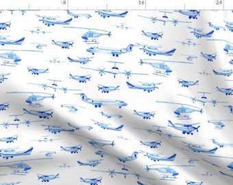 Blue Watercolor Airplanes Fabric - Blue Planes White By Karinka - Airplane Nursery Decor Cotton Fabric By The Yard With Spoonflower
