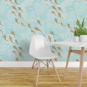 Visbehang - Oranje vis van Nina Leth - badkamer kinderkamer Oceaan koivissen onderwater verwijderbare zelfklevende behangrol van Spoonflowe