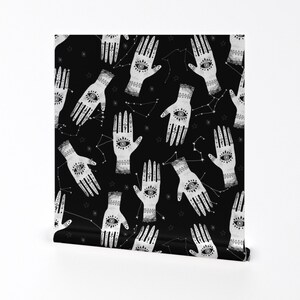 Palmistry Wallpaper - Palmistry Palm Hand Mystic Black By Charlottewinter - Custom Printed Removable Adhesive Wallpaper Roll by Spoonflower