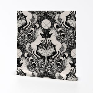 Witchy Damask Removable Peel and Stick Wallpaper - Black And White Moon Phase - Wall Art Wall Decor - Celestial Unicorn by serena_archetti