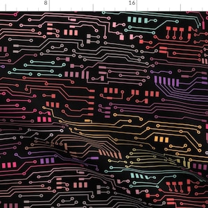 May include: A colorful circuit board pattern on a black background. The circuit board is made up of lines and squares in various shades of pink, orange, yellow, green, blue, and purple.