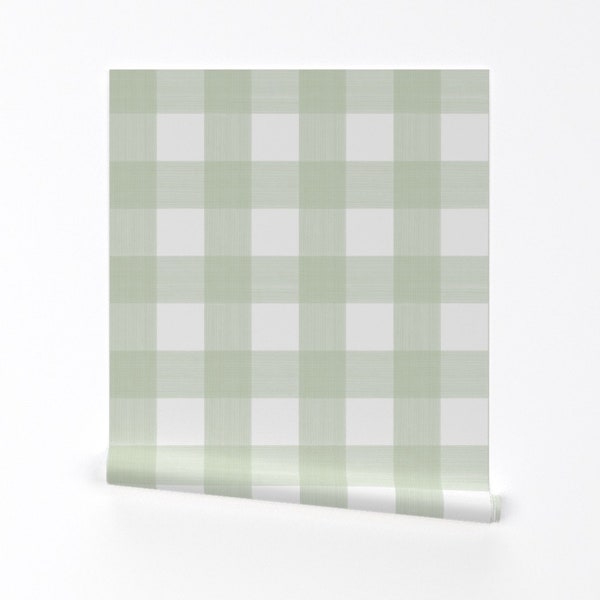 Buffalo Plaid Wallpaper - Soft Green And White Plaid by danika_herrick - Grid Check  Removable Peel and Stick Wallpaper by Spoonflower