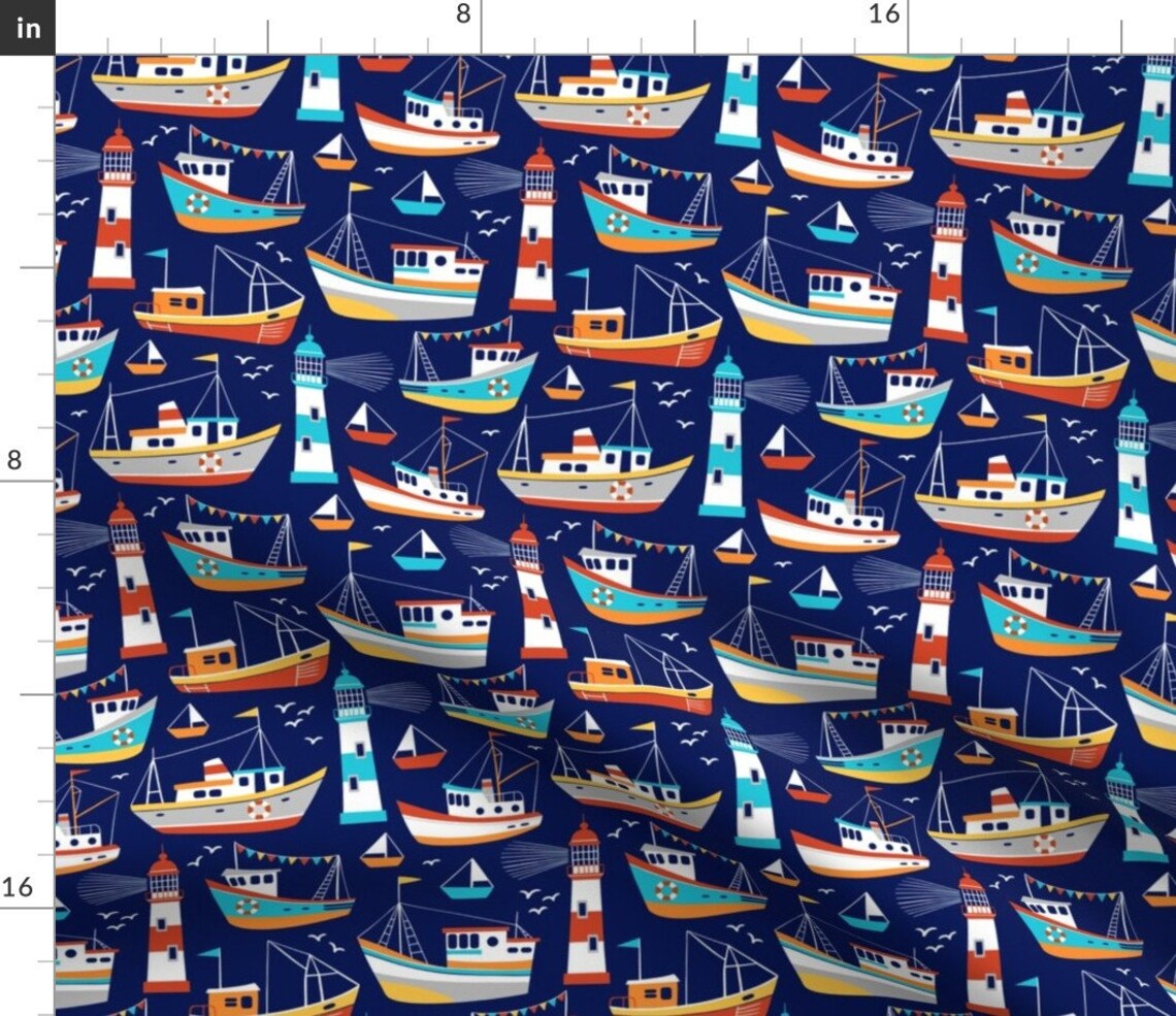 Boat Sailing Blue Nautical Ocean Fabric Fishing Boats Dark Etsy