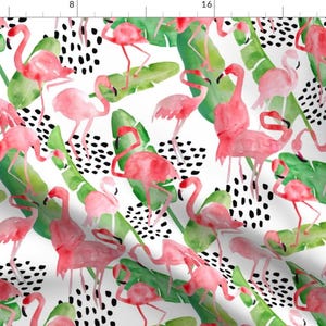 Pink Flamingo Fabric - Flamingo Paradise By Limezinniasdesign - Pink Flamingo Green Black White Cotton Fabric By The Yard With Spoonflower