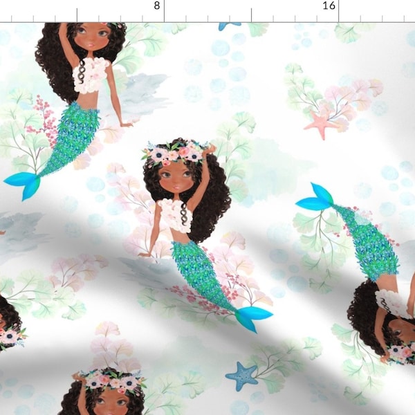Mermaid Fabric - 18" Chloe The Mermaid Cute Brunette Magical Princess Baby Girl By Shopcabin - Cotton Fabric By The Yard With Spoonflower