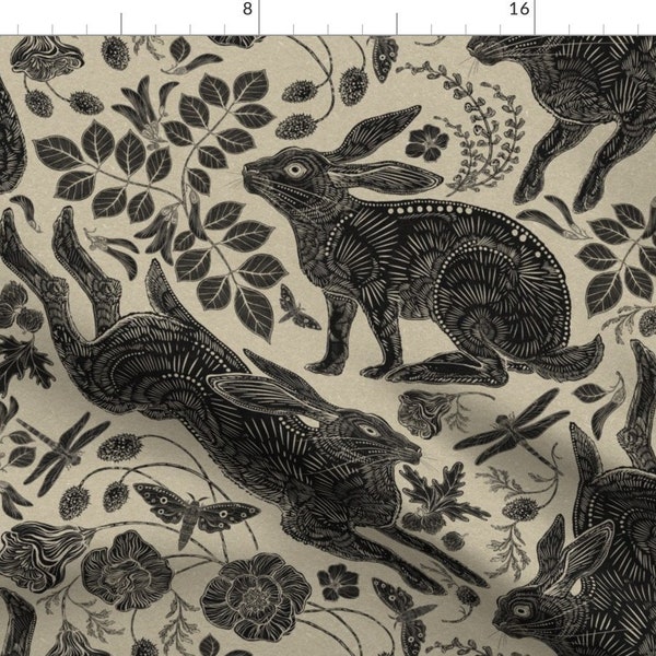 Block Print Bunnies Fabric - Rabbits by silver_steer_design - Linocut Woodblock Hares Woodland Neutral Fabric by the Yard by Spoonflower