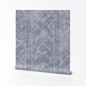 Blaue Geometrische Tapete - Linie Geometrische Diamant Wachslinie - Wand Kunst Tapete - Wachs Linie Geo by holli_zollinger