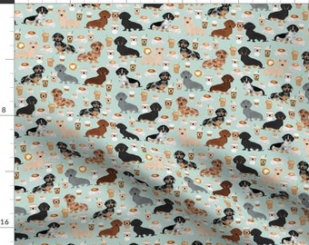 Coffee & Dachshund Fabric - Dachshund Coffee Fabric By Petfriendly - Blue Coffee Latte Love Dog  Cotton Fabric By The Yard With Spoonflower