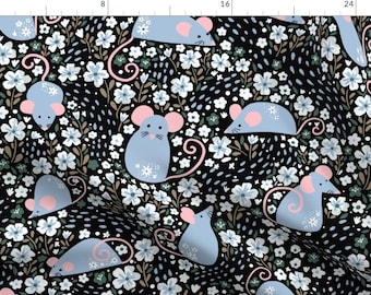 Mice Fabric - Mellow Midnight Mice By Creativeinchi -Mice Ditsy Floral Whimsical Dark Blue Rodent Cotton Fabric By The Yard With Spoonflower