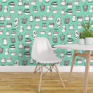Carta da parati con teiere - Caffè e teiere Vintage Mint di Andrea Lauren - Carta da parati autoadesiva rimovibile personalizzata di Spoonflower