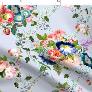 Blue Floral Illustration Fabric - Chintz By Pattern Garden - Blue Garden Illustration Floral Cotton Fabric By The Yard With Spoonflower