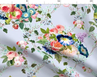 Blue Floral Illustration Fabric - Chintz By Pattern Garden - Blue Garden Illustration Floral Cotton Fabric By The Yard With Spoonflower