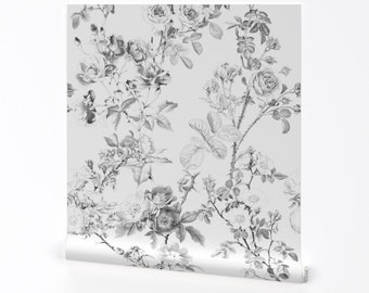 Floral Toile Wallpaper - English Rose Black White By Peacoquettedesigns - Custom Printed Removable Adhesive Wallpaper Roll by Spoonflower