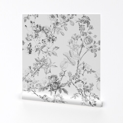 Papier peint floral toile - rose anglaise noir blanc par Peacoquettedesigns - rouleau de papier peint adhésif amovible imprimé personnalisé par Spoonflower