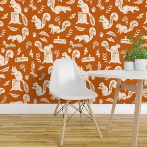 Fall Wallpaper - Squirrels Linocut Fall Autumn By Andrea Lauren - Custom Printed Removable Self Adhesive Wallpaper Roll by Spoonflower image 1