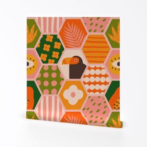 Tropical Wallpaper - Tiles With Tropical Vibes By Kondratya - Orange Pink Green Parrot Removable Self Adhesive Wallpaper Roll by Spoonflower