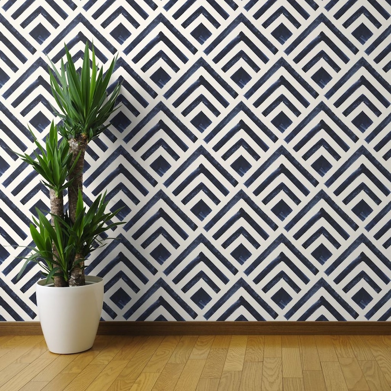 Feathered Diamond By Crystal Walen Indigo White Custom Printed Removable Self Adhesive Wallpaper Roll by Spoonflower Deco Wallpaper