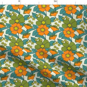 1970 Fabric - Medium 70s Floral Orange Olive Green Teal By Morecandyshop Retro Vintage-Look - Cotton Fabric By The Yard With Spoonflower