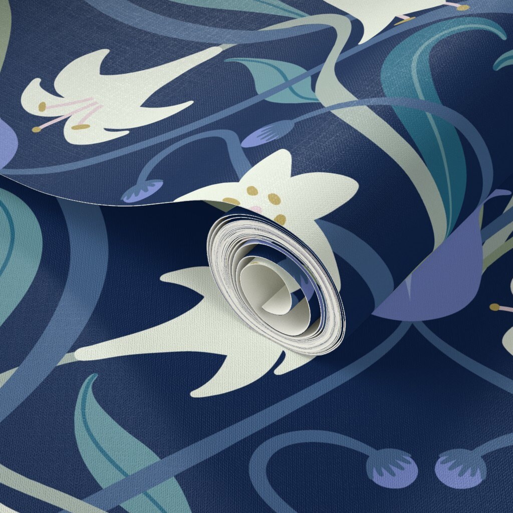 Damask Wallpaper Art Nouveau Lilies by Pippa Shaw Midnight - Etsy