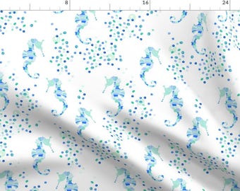 Blue Seahorse Fabric - Aqua Seahorse By Radianthomestudio - Blue Seahorse Beach and Nursery Decor Cotton Fabric By The Yard With Spoonflower