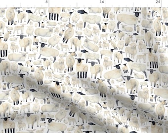 May include: A white background with a repeating pattern of watercolor sheep in various poses. The sheep are white with black faces and legs.