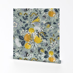 Fruit Wallpaper - Who Ate My Garden By Trendy Creation Prints - Gray Yellow Bee Floral Removable Self Adhesive Wallpaper Roll by Spoonflower