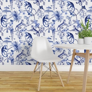 Botanical Toile Peel and Stick Wallpaper - Chinoiserie Hollywood Regency - Removable Wall Decor Art - Chinoiserie Whimsy by pattern_garden