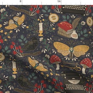 Dark Academia Fabric - Dark Academia by heidiherrera - Moth Raven Mushroom Feather Candle Moody Dark Goth  Fabric by the Yard by Spoonflower