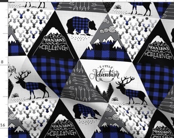 Wholecloth Fabric - Cheater Quilt Blue Buffalo Adventure By Howjoyful - Triangle Bear Moose Woodland Boys Fabric by the Yard Spoonflower