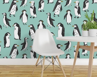 Papel pintado de pingüinos - Tela de pingüinos menta antártica - Rollo de papel pintado autoadhesivo removible con estampado personalizado del Ártico de Spoonflower