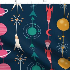 Space Fabric - Mid Century Space by sarahparr - Spaceship Rocket Atomic Mid Century Mcm Retro Galaxy Blue  Fabric by the Yard by Spoonflower