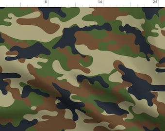 May include: Camouflage fabric with a pattern of green, brown, and dark blue shapes. The fabric has a slightly wrinkled texture.