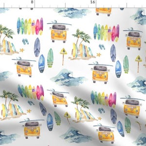 Surf Fabric - Surf&#39;s Up By Hipkiddesigns - White Pink Green Watercolor California Surfing Ocean  Cotton Fabric By The Yard With Spoonflower