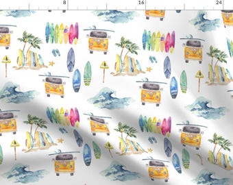 Surf Fabric - Surf's Up By Hipkiddesigns - White Pink Green Watercolor California Surfing Ocean  Cotton Fabric By The Yard With Spoonflower