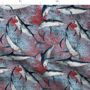 Sharks Fabric - Bloody Great Whites - Sharks Splatters Blood By Rebecca Reck Art - Bloody Sharks Cotton Fabric By The Yard With Spoonflower