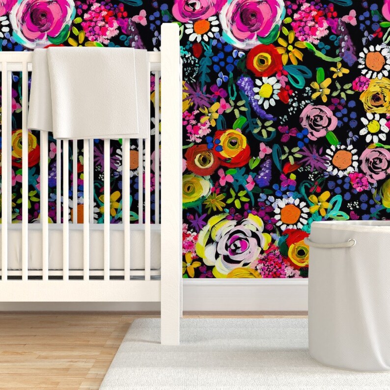 Bold Floral Wallpaper Les Fleurs Black by Theartwerks - Etsy