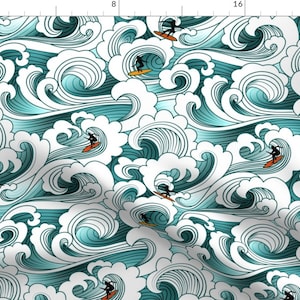 Surfer Fabric - Ocean Surfers Ride The Waves By Vo Aka Virginiao - Surfer Blue Water Summer Sun Cotton Fabric By The Yard With Spoonflower
