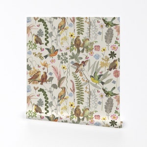 Whimsical Floral Wallpaper - Song Bird Garden By Mypetalpress - Bird Custom Printed Removable Self Adhesive Wallpaper Roll by Spoonflower