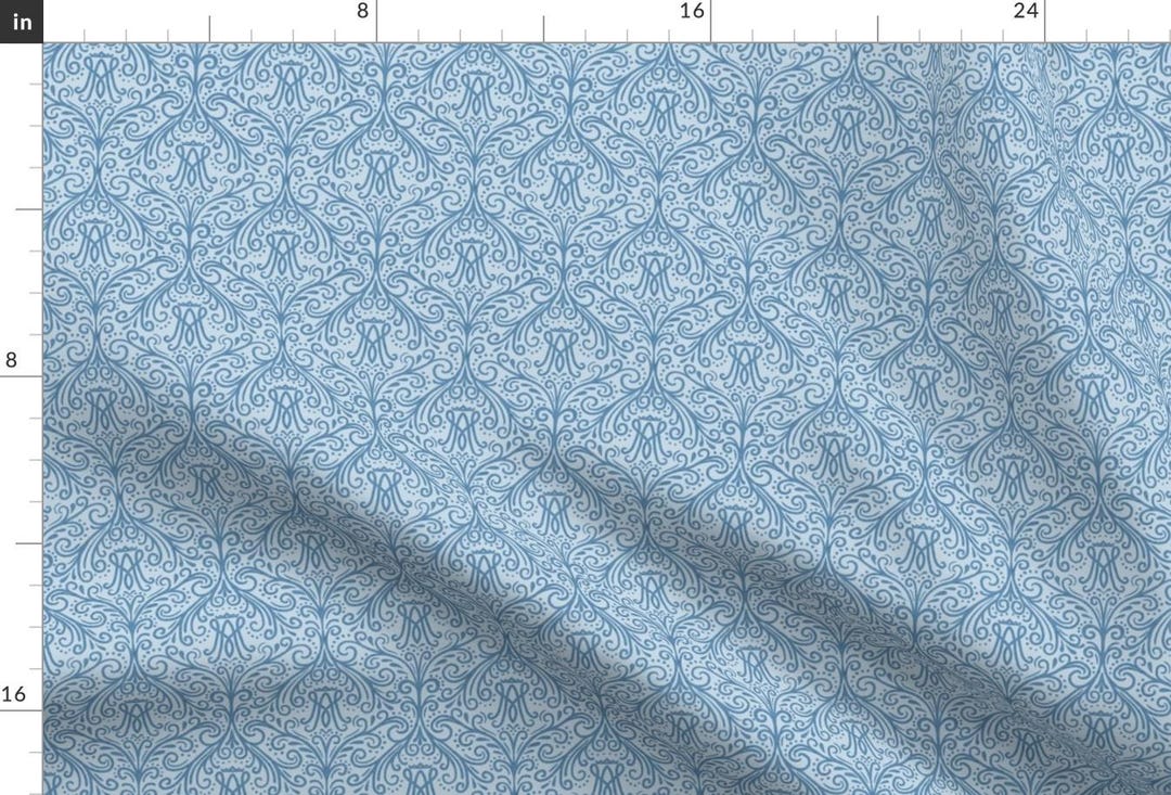 Damask Fabric - Auspice Damask Blue by Thelittleroseshop - Lines Dots ...