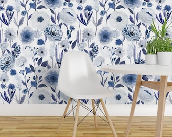 Blue Floral Wallpaper - Indigo Garden B By Indybloomdesign - Watercolor Custom Printed Removable Self Adhesive Wallpaper Roll by Spoonflower