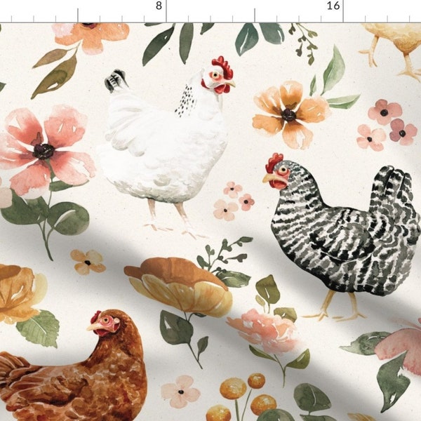 Farmhouse Fabric - Watercolor Chicken Floral by cateandrainn - Painted Hens Chickens Farm Animals  Fabric by the Yard by Spoonflower