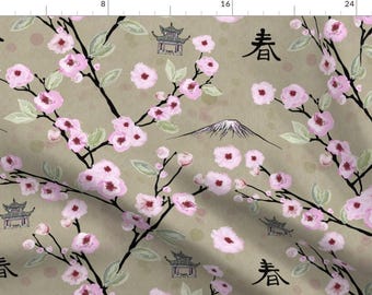 Japan Fabric - Japanese Spring By Vannina - Japanese Cherry Blossoms Pink Beige Springtime Pagoda Cotton Fabric By The Yard With Spoonflower