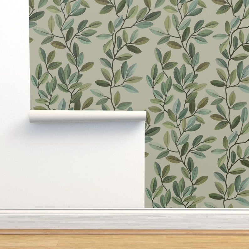 Climbing Vines Wallpaper Tropical Leaves On Branches By Lbaron Green Neutral Nature Removable Self Adhesive Wallpaper Roll by Spoonflower image 4