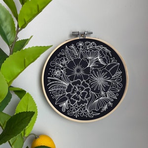 Outline Embroidery Template on Cotton - Floral By Kathryncole - Black White Embroidery Pattern for 6" Hoop Custom Printed by Spoonflower