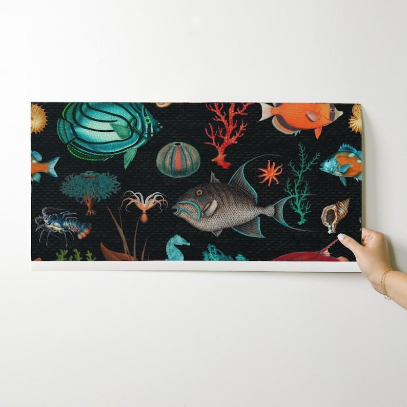 Coastal Marine Peel and Stick Wallpaper - Ocean Life Nautical - Removable Wall Decor Art - Oceania In Black by delinda_graphic_studio image 9